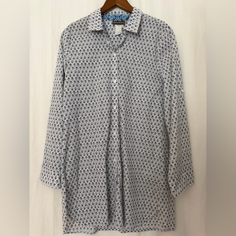 Tommy Bahama Women’s Cover Up Button Up Tunic 100% Cotton Shirt White Navy - L
